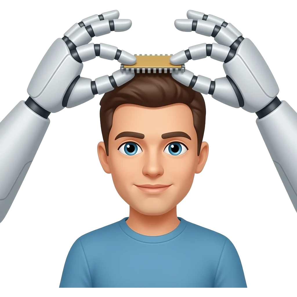 Manos de un robot poniendo un chip en la cabeza de un humano atrás emoji