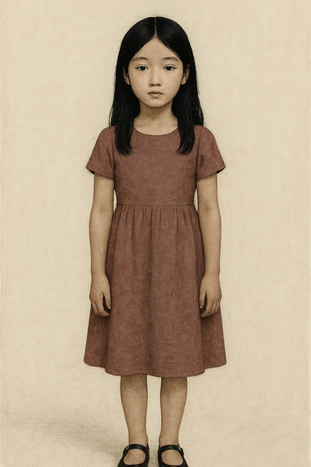 full body girl in a dress with black hair, neutral expression, simple background emoji