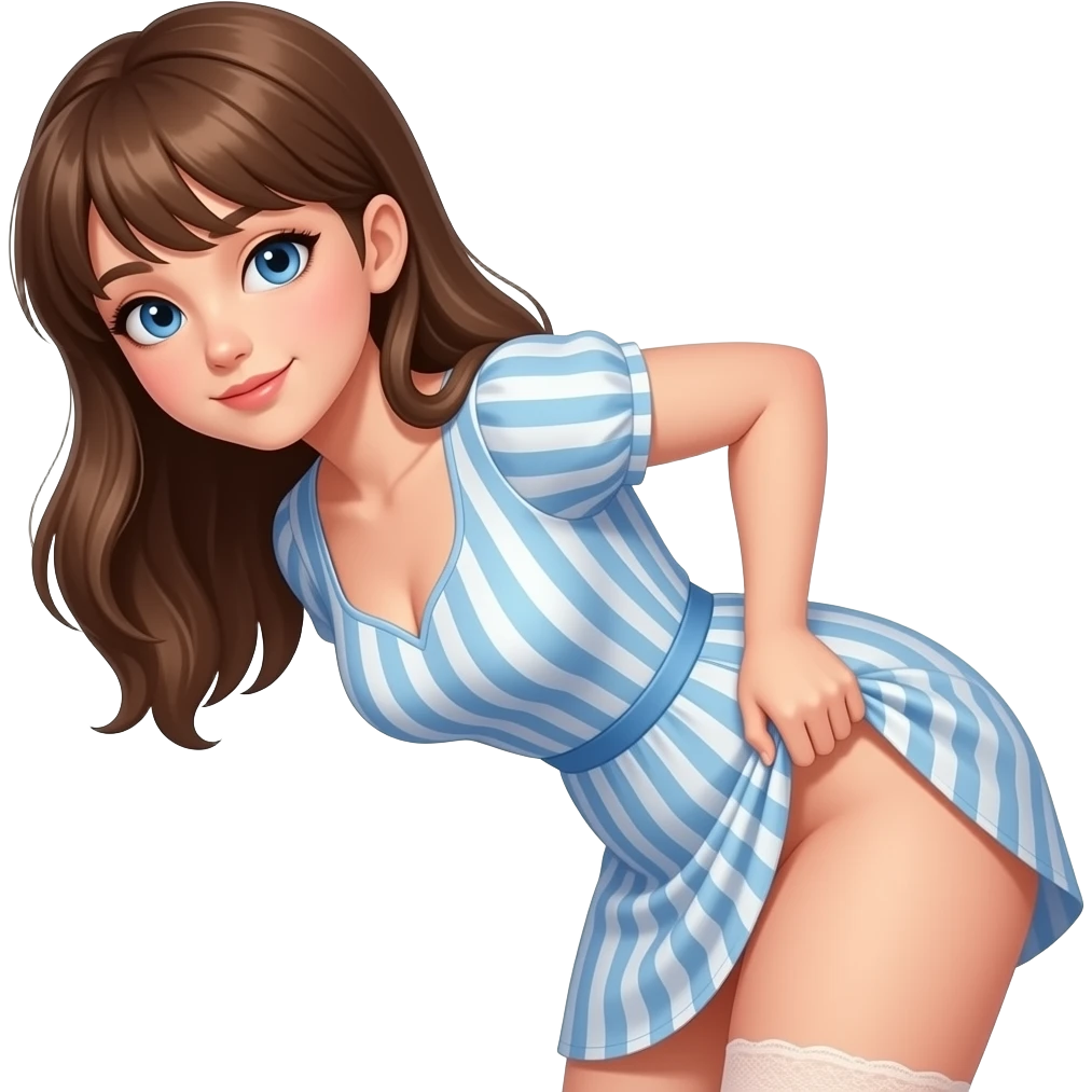 Girl wearing Dress pulled up to show exposed bare bottom girl bent over, brown hair blue eyes emoji