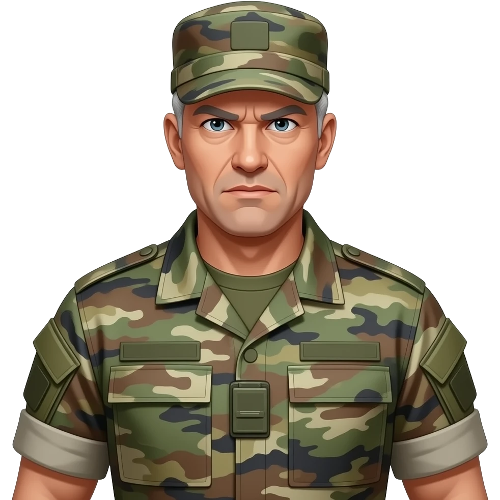 white sergeant character with gray hair. In an urban camo uniform and hat, army shirt. The character should have an intense expression. full torso and arms emoji