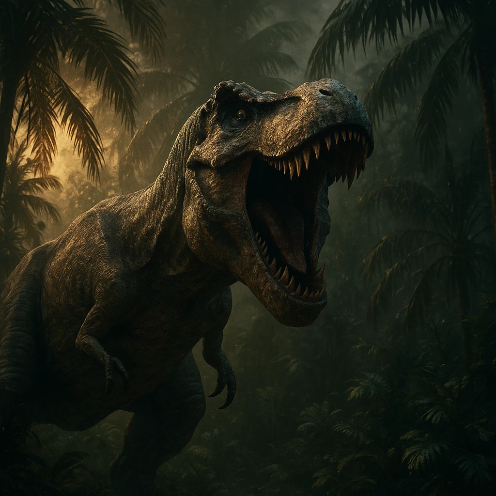 A T-Rex roaring with palm trees, inspired by Jurassic Park, in a dramatic cinematic style, intense lighting, detailed jungle background emoji
