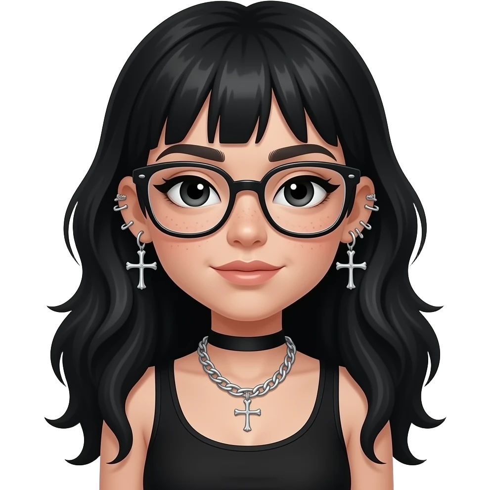 Cool girl in black, whole upper body in sitting state, long hair with volume , black eyes with small eye liner, with chain piercing earrings from helix to lobes (that has skeletons looking like crossing) and glasses, with subtle freckles emoji