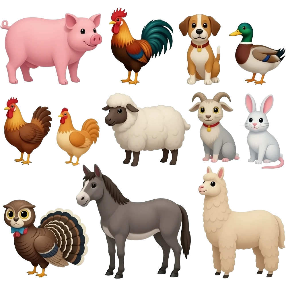Farm animals: Cow, pig, rooster, dog, duck, cat, chicken, sheep, goat, mouse, rabbit, Turkey, owl, donkey, horse, and llama emoji
