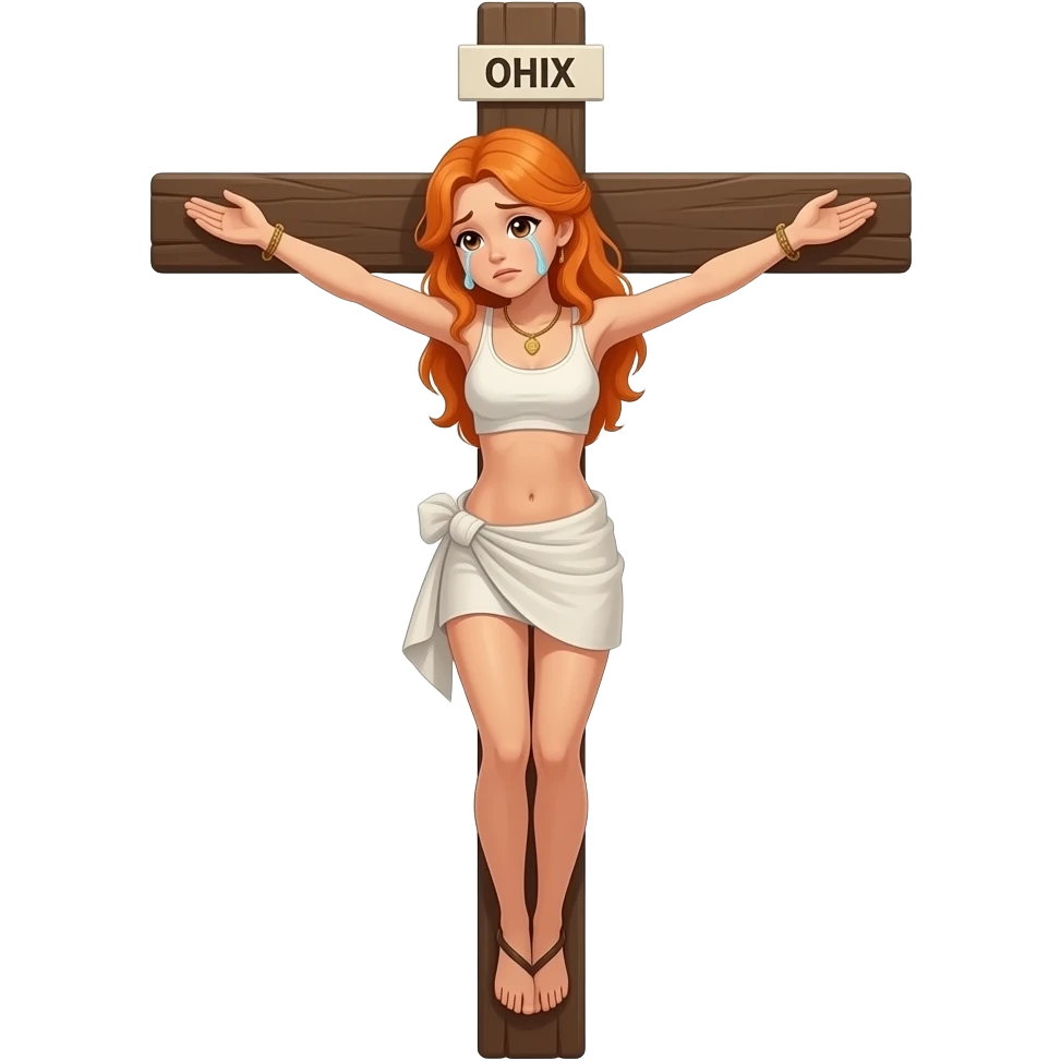 Woman crying with orange hair and brown eyes being crucified on a cross Zoomed out whole body emoji