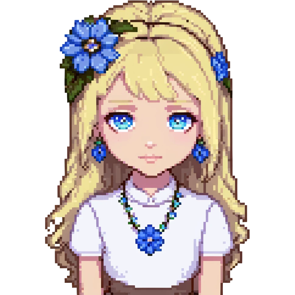 Minecraft pixel art face of Crystal, with blonde hair, blue flower accessory, big blue eyes, matching the reference emoji