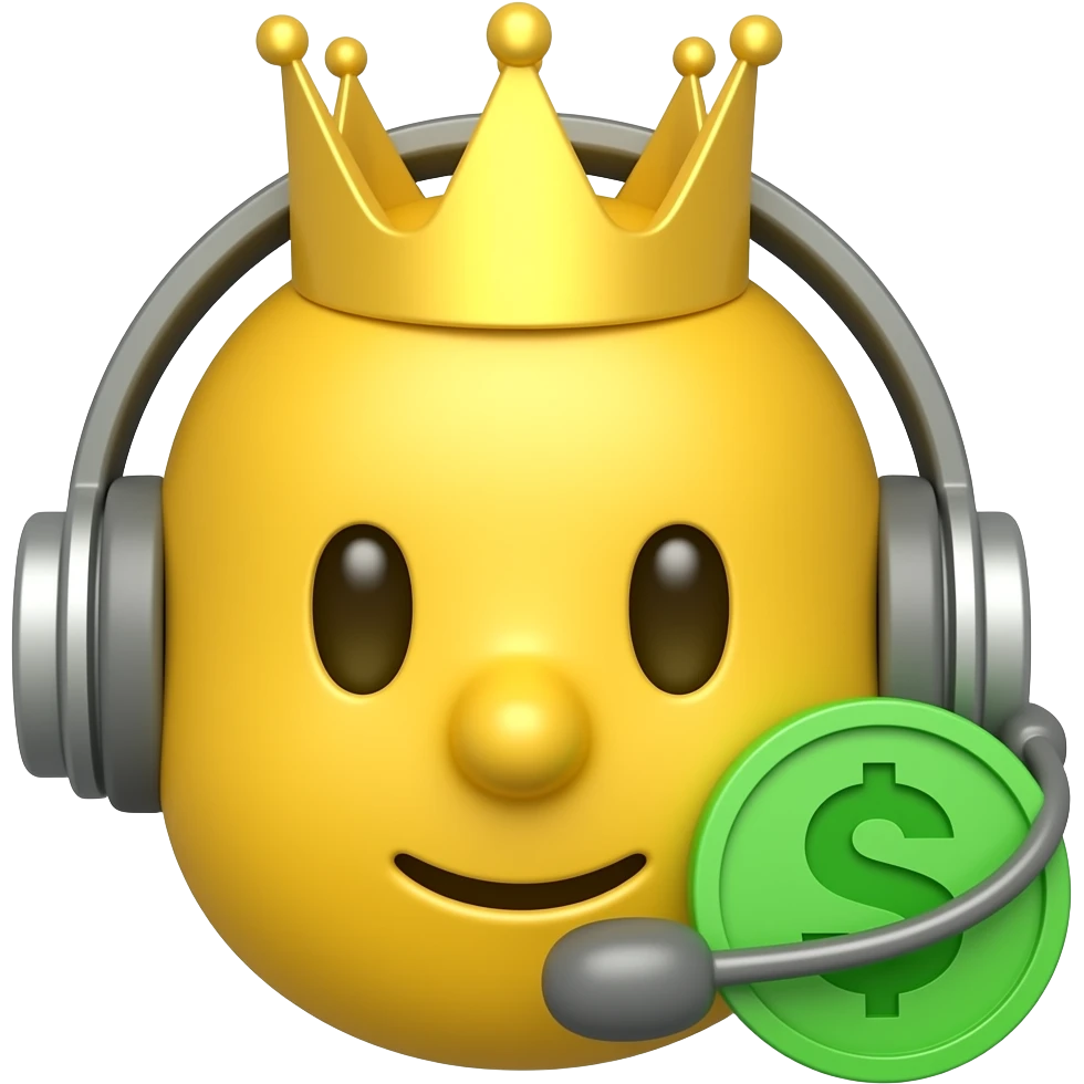 Yellow face emoji with a crown green tinge out with money symbol with headphones on emoji