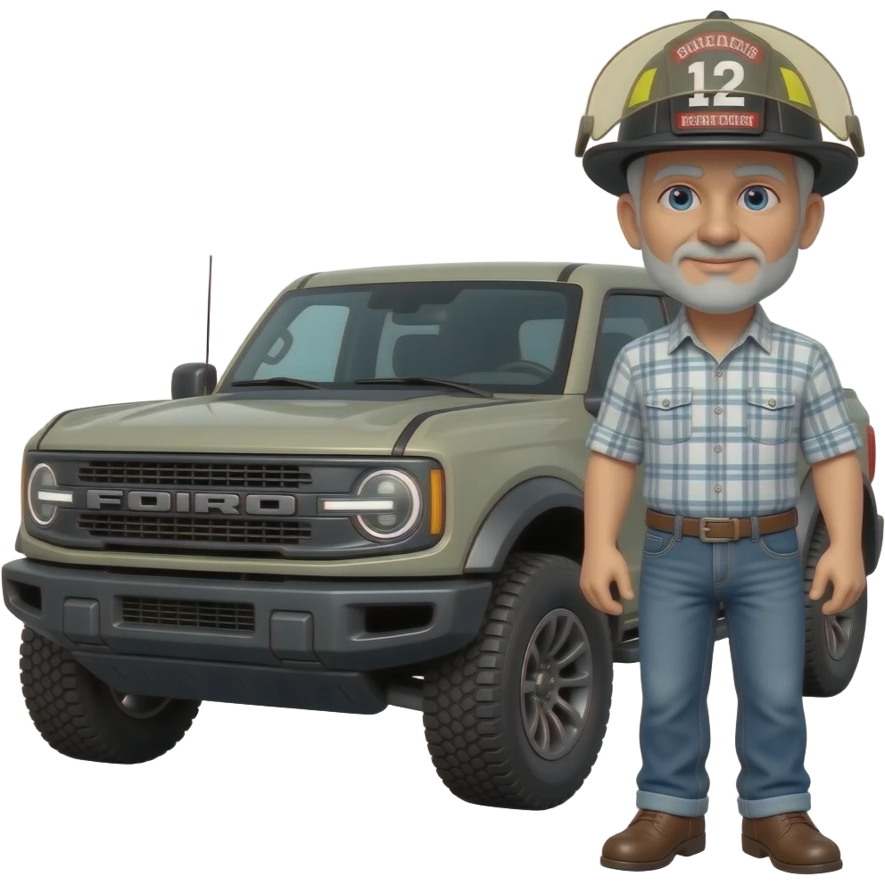 Ford bronco Cartoon emoji-style grey haired man in jeans, cowboy boots, and a firefighter helmet with 12 on the front standing next to marsh gray colored 2025 ford bronco emoji