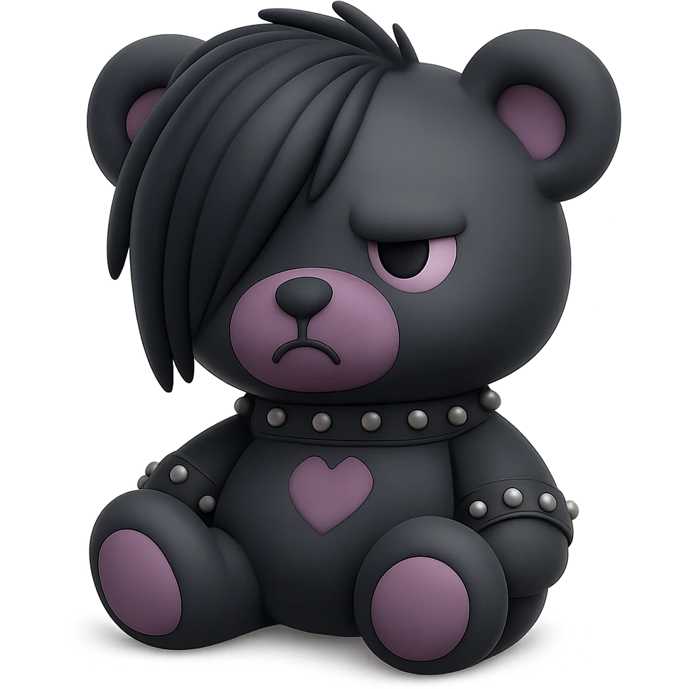 Edit the emo-styled teddy bear with black and purple colors, moody lighting. Remove the background and keep it transparent. emoji