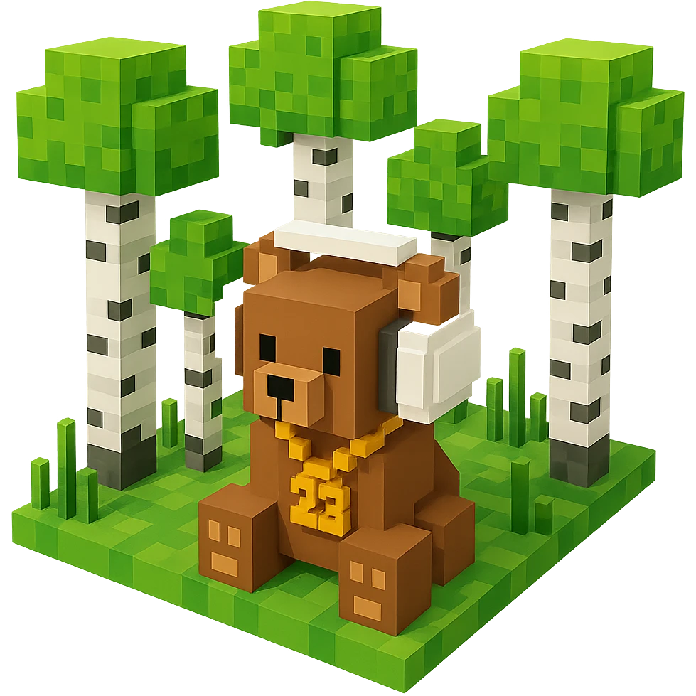 березовый лес, в котором сидит бурый медвежонок в белых наушниках (наушники должны закрывать уши медведя), на медведе цепь с подвеской "23", no background  emoji