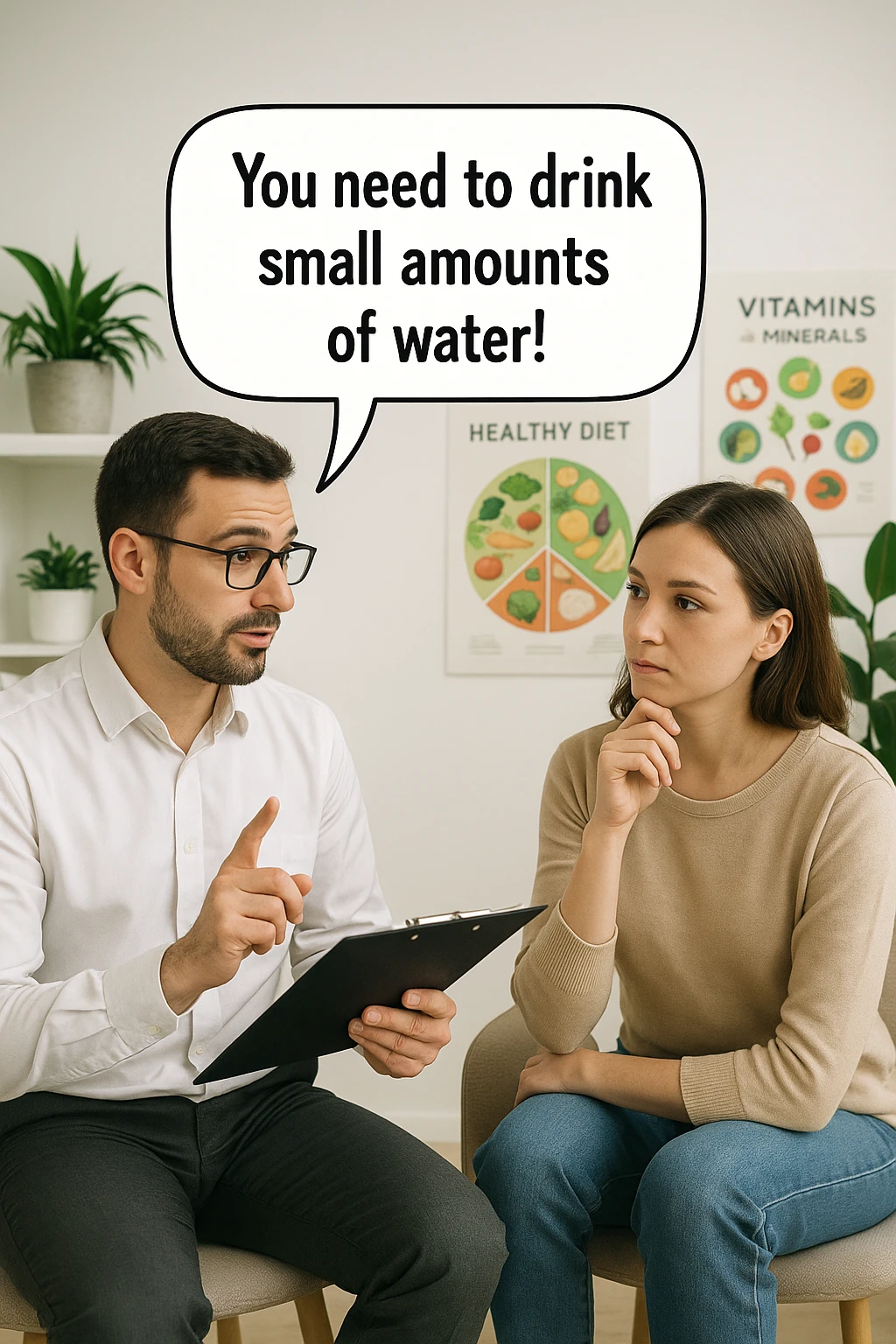 Nutrizionista dice ad una donna "devi bere piccole quantità d'acqua!" emoji