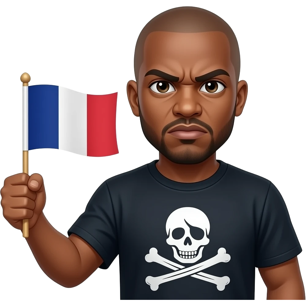 french rapper booba with bald head et angry eyebrows et unkut teeshirt holding the pirate flag emoji