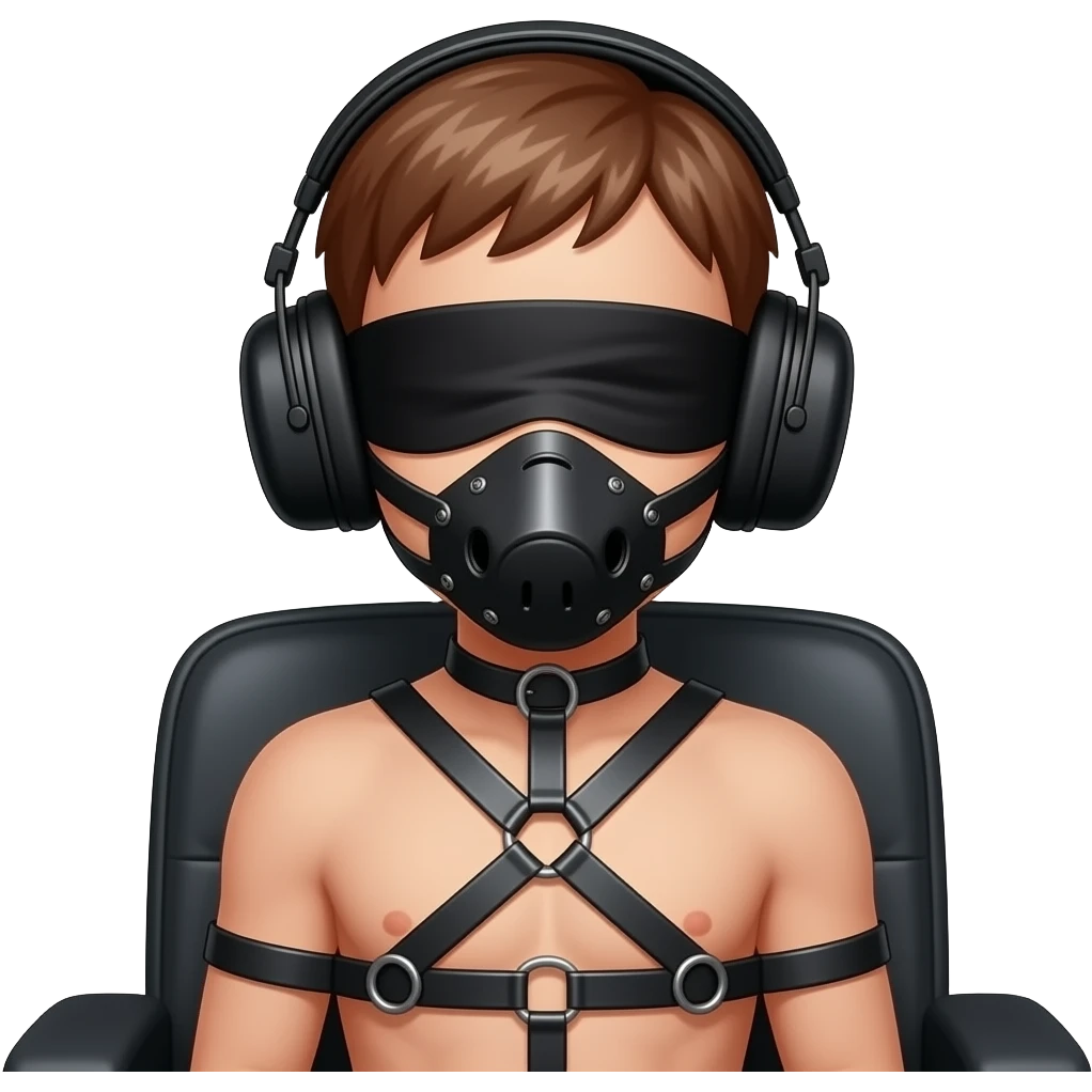 Naked boy in bondage blindfold chair tied muzzle earmuffs emoji