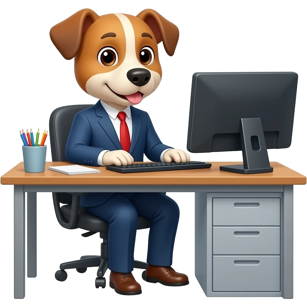a dog working at a desk in the office emoji