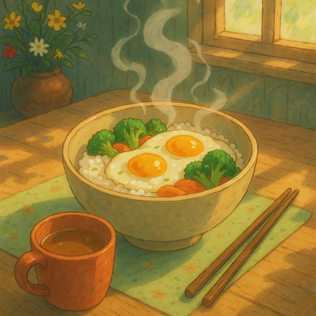 a whimsical breakfast scene in ghibli style, featuring a steaming bowl of rice, eggs, and vegetables, with soft lighting and gentle colors emoji