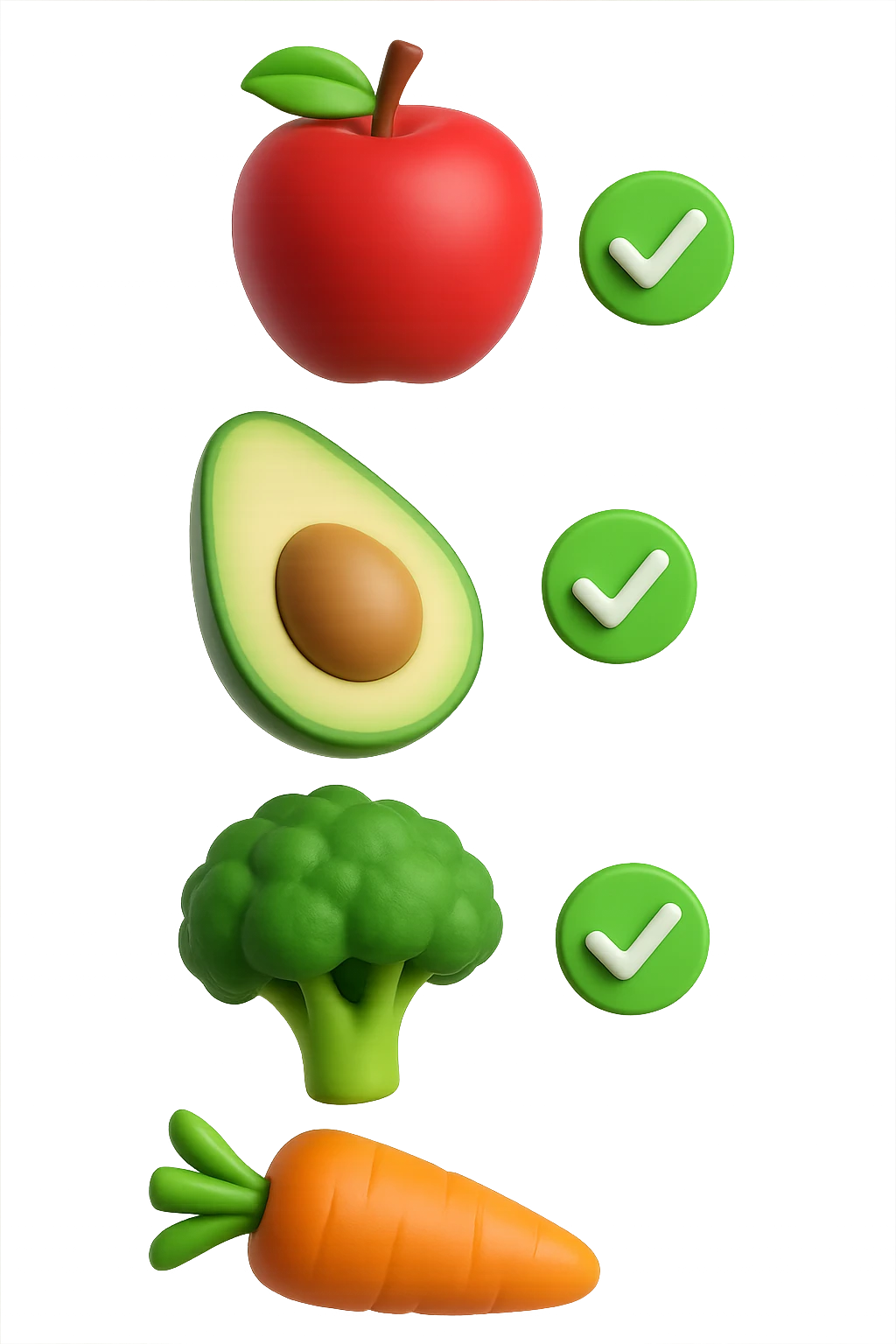 emoji stile iphone in 3d di cibo sano che fluttua in aria vericalmente insieme a spunte verdi di verificato, iperrealistico 4k emoji