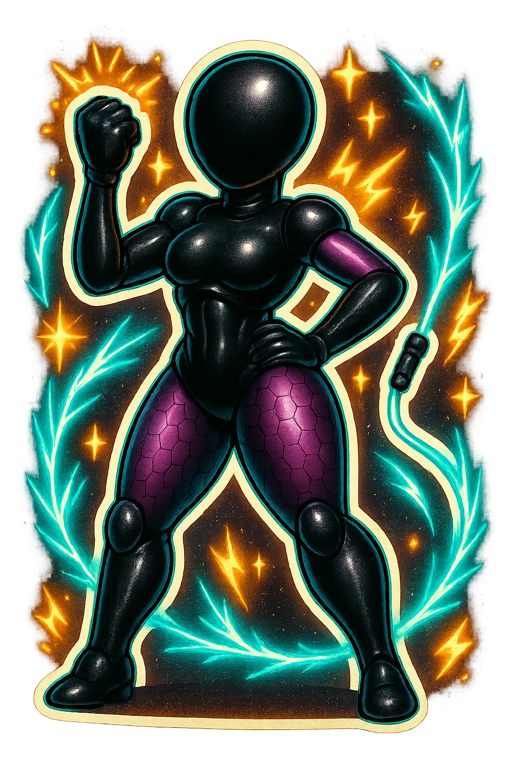 Add electric effects, lightning arcs and glowing sparks around the female robot, keep the retro sticker style, glossy black and purple, transparent background. emoji