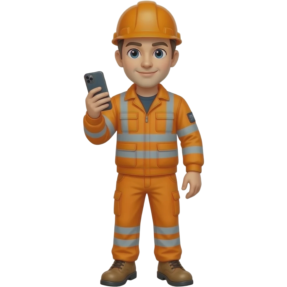 engineer in full Hi-vis orange clothing and boots holding a mobile phone emoji