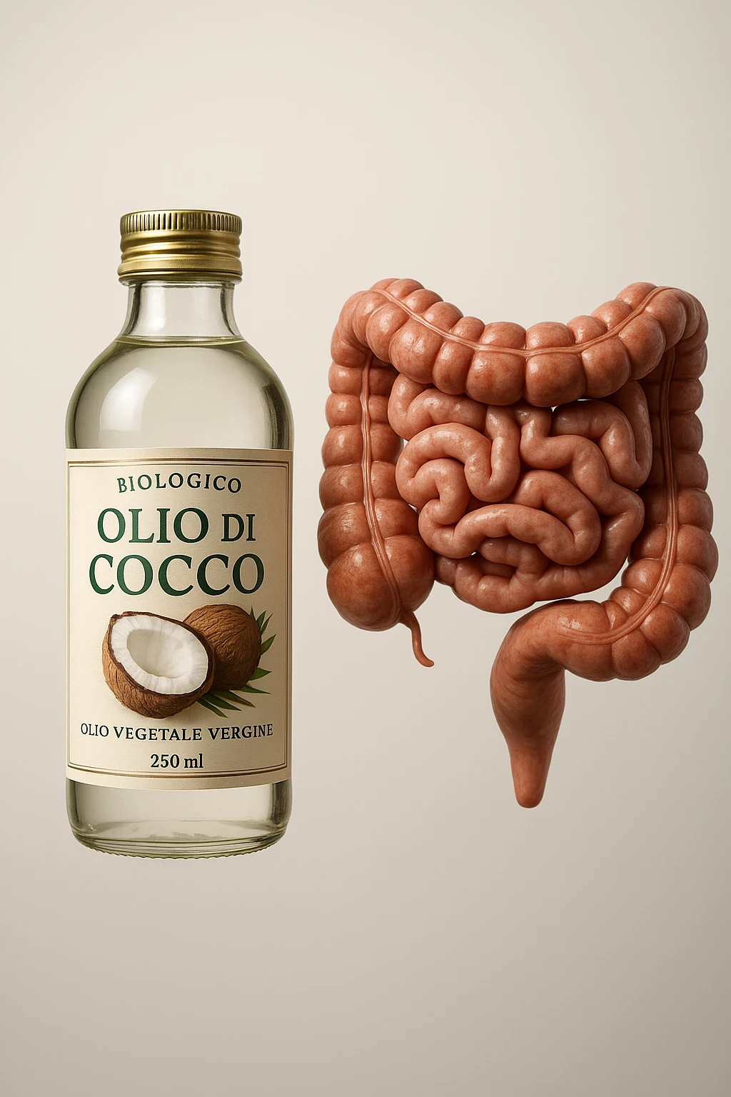 BOCCETTA DI OLIO DI COCCO BIOLOGICO (FAI UN ETICHETTA SUL PRODOTTO IN ITALIANO) CHE FLUTTUA IN ARIA INSIEME A UN INTESTINO UMANO ANATOMICO IN PERFETTA SALUTE, SFONDO CHIARO, iperrealistico 4k emoji