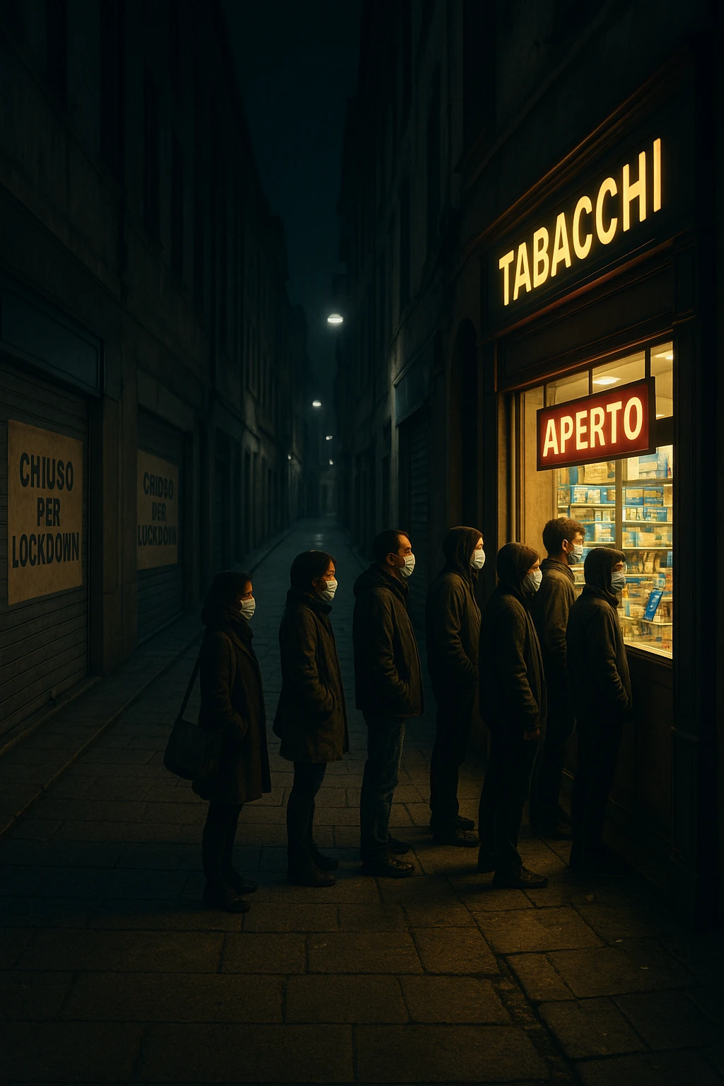 a deserted city street with all shops and businesses shuttered, their windows covered with “Chiuso per Lockdown” signs. In contrast, a brightly lit tobacco shop stands open, with a glowing “Aperto” sign and people lined up outside, all wearing masks. The mood is somber and critical, highlighting the paradox. in italiano emoji