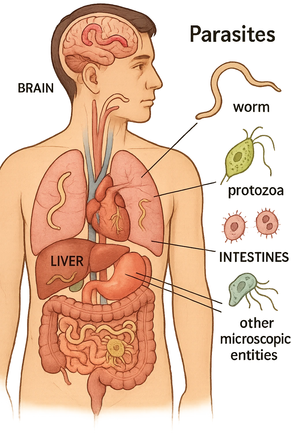 Parassiti che invadono tutti gli organi dentro il corpo umano di un uomo emoji