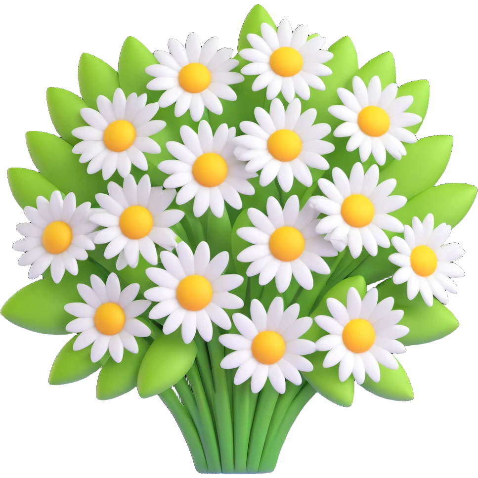 3D iOS emoji style, bouquet of daisies, vibrant white petals, yellow centers emoji