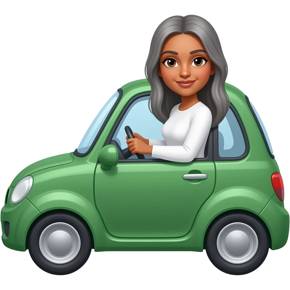 Dark skinned Indian woman with white long sleeve top with grey straight hair driving in green car car w emoji