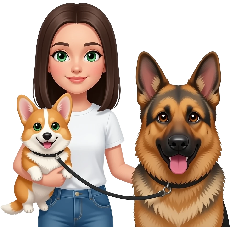 Сделай худую девочку брюнетку прямые длинные волосы темно зеленые глаза в белой футболке она не должна быть заправленнойв оверсайз черных штанах в руках у нее рыжий кок со светло зелеными глазами и еще у нее в руке поводок черный от немецкой овчарки с коричневыми глазами и ета собака коло девочки emoji