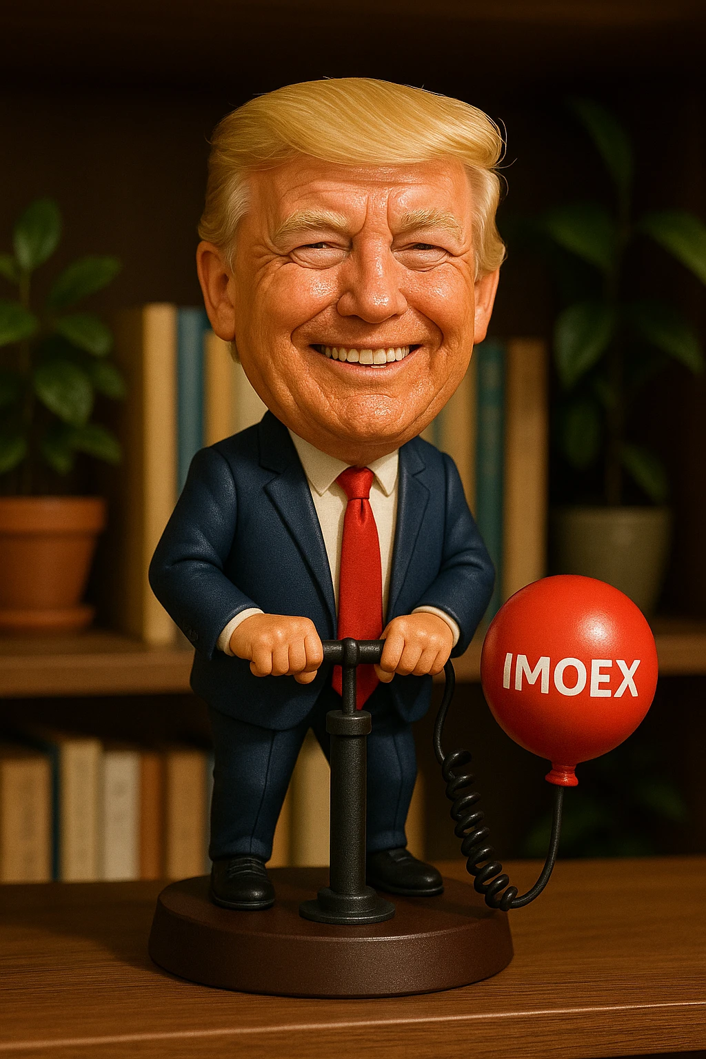 Дональд Трамп  улыбается в поте лица качает через насос в виде телефонного аппарата, который подключен к шарику, который символизирует фондовый рынок и на нём написано IMOEX emoji