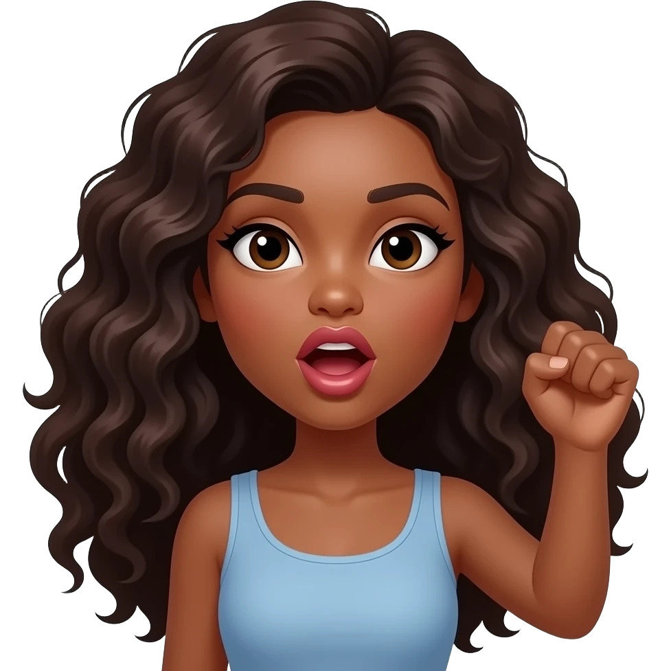 A brown woman with dark long curly hair and big pouting lips Holding her hand up with an open fist. Mouth needs to be open. Eyes looking at fist emoji