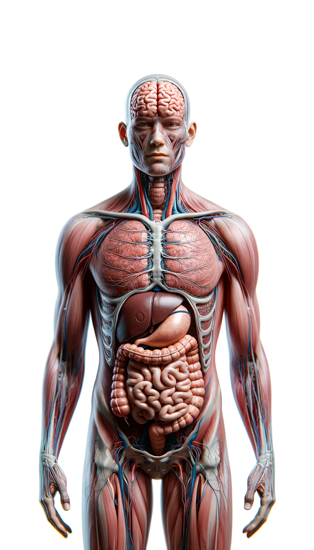 corpo umano anatomico con cervello, intestino e stomaco in evidenza, espressione neutra in volto, posa frontale, iperrealistico 4k, isolato su sfondo bianco emoji