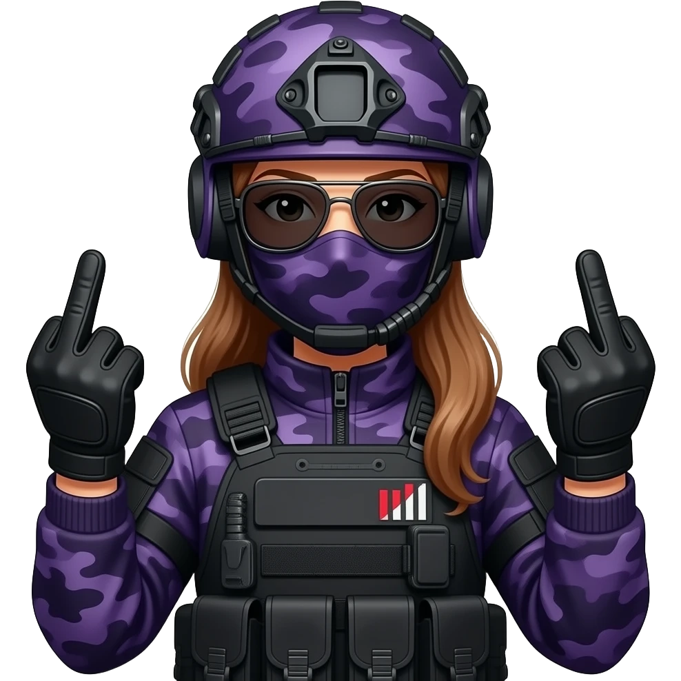 Woman with long hair in large black aviator sunglasses dark purple camoflage tactical gear helmet and mask giving the finger two times in black gloves emoji