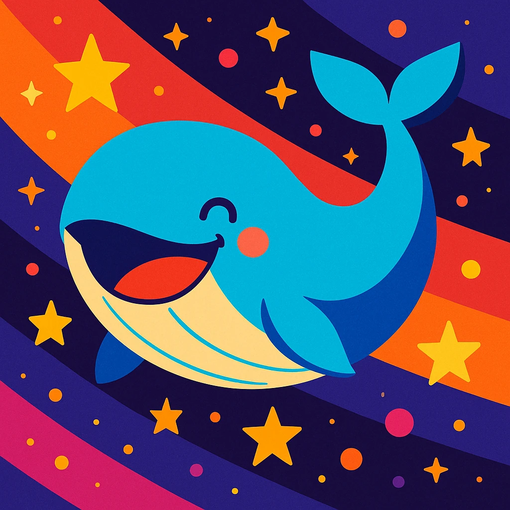 the happiest whale in space, vibrant, joyful, floating among stars, cosmic background emoji
