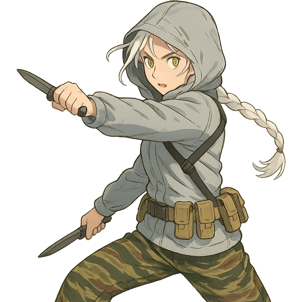 1 female, mid-20's  white hair long braid, gold yellow eyes, light gray rainproof waterproof tactical jacket, hood up, tight-fitting single point sling, tan mag pouches on belt rig, tiger stripe camo pants, holding a combat blade, striking, swinging emoji