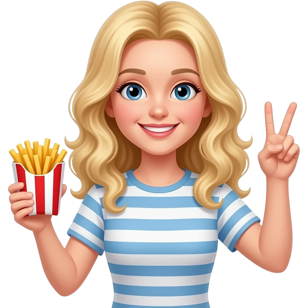 Blonde lady crimped wavy hair middle part mid back long holding french fries in a stripped red and white holder throwing up peace with innocent smile emoji