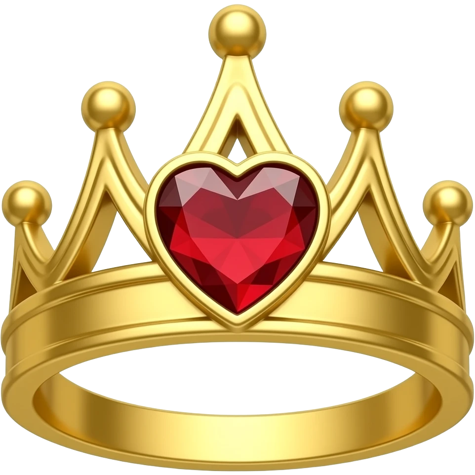 Gold ornate tiara shaped engagement ring with heart shaped garnet stone in center front facing emoji