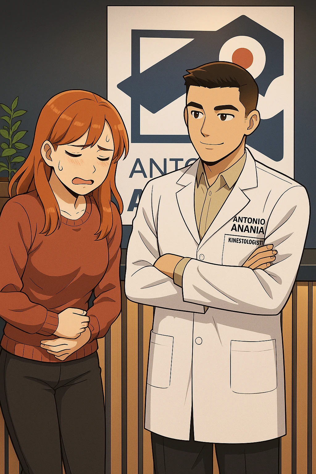 su questo stile fai un manga/webtoon a colori in cui una donna che parla esasperata dal suo problema, l'uomo della foto in stile manga gli risponde, mantieni un ambiente simile alla foto che ho allegato con il suo logo (sarebbe il suo studio, lui è un kinesiologo), scrivigli "ANTONIO ANANIA" sul camice bianco, non mettere fumetti, ma fai in modo che sembri che la donna chiede una cosa e l'uomo risponde alla sua domanda emoji