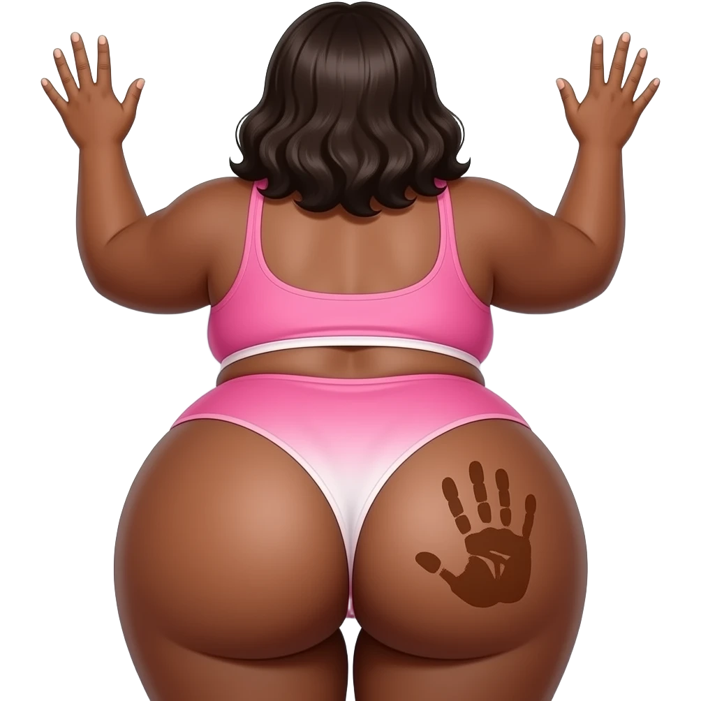 A extremely fat pink and white big booty African showing back her buttocks with putting her hands behind the wall with a brown colored hand print on her left buttocks emoji