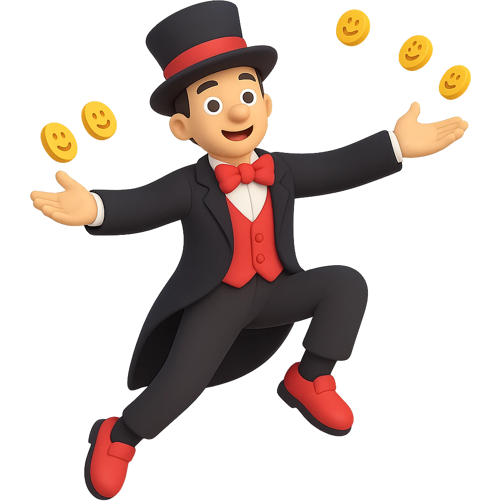 Add a waist length black coat to the street magician in 3D emoji style, preserving the 3D emoji look and no background. emoji