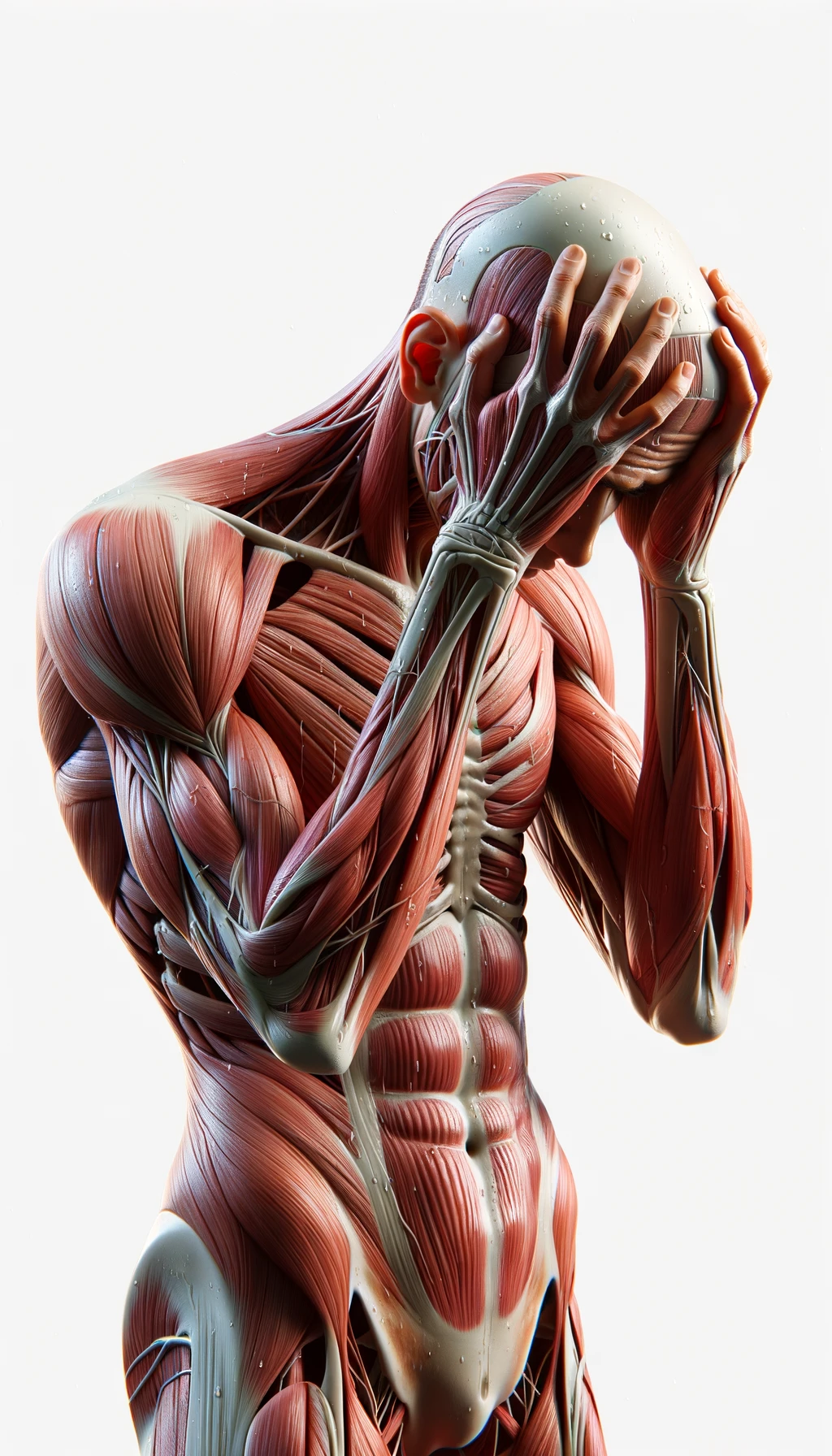 CORPO UMANO ANATOMICO REALISTICO DISPERATO, SI TIENE LE MANI SULLA FRONTE E NON SA COSA FARE, SUDATO, IPERREALISTICO 4K, SFONDO BIANCO emoji