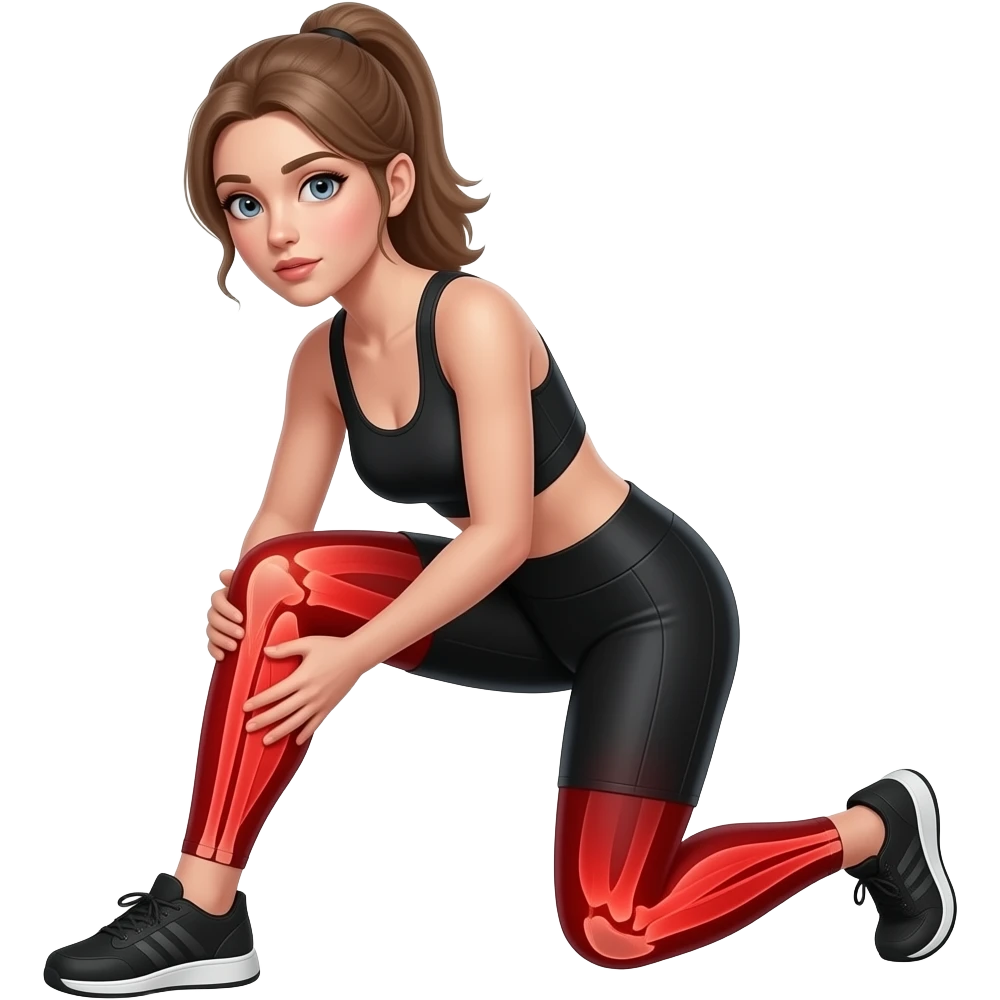 leg pain, full red glow covering both legs from hips to feet, woman holding one leg, fair-skinned woman, gray-blue eyes, ash brown brows, ash light brown hair tied back, slim athletic body, black workout set emoji
