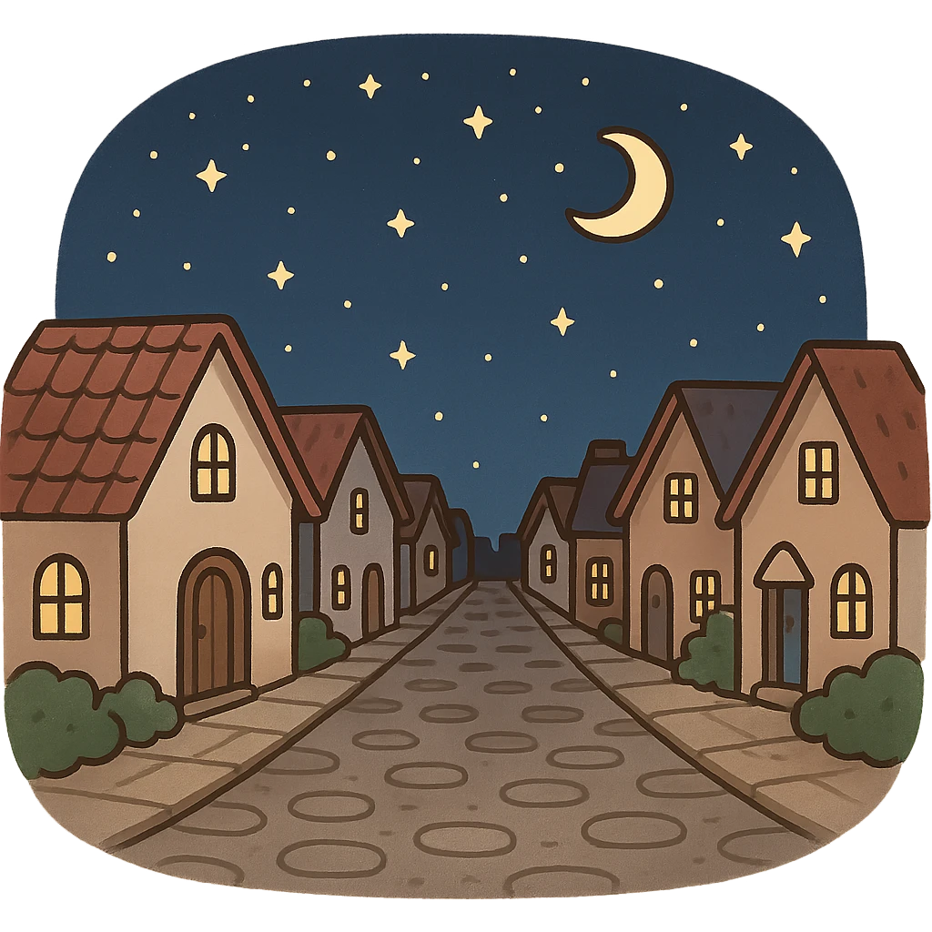 一个复活节的场景，一个街道，两边都是小房子，中间是一条街道，夜晚，星空 emoji