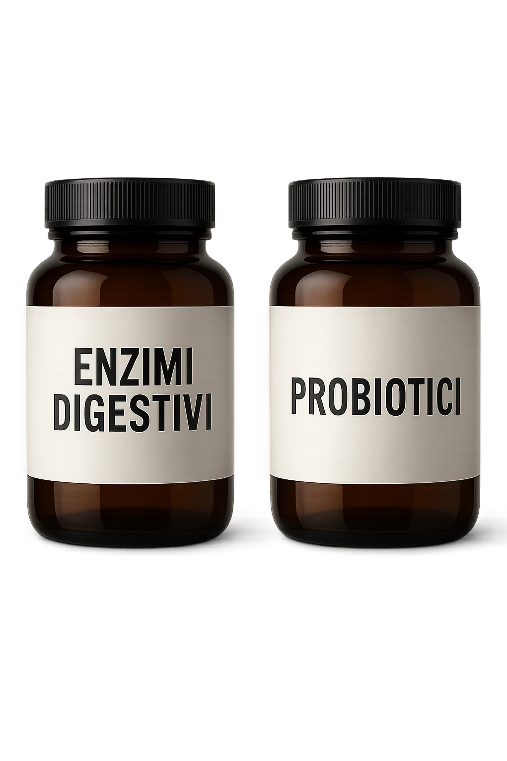 DUE BARATTOLI di integratore con la scritta "ENZIMI DIGESTIVI" E "PROBIOTICI", iperrealistico 4k emoji