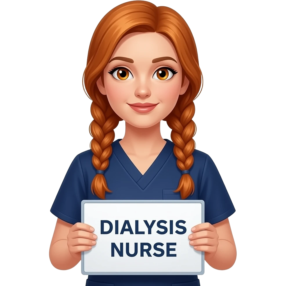 sexy girl with long ginger braids and ginger eyes wearing a dark blue scrubs is holding a sign with DIALYSIS NURSE written on it emoji