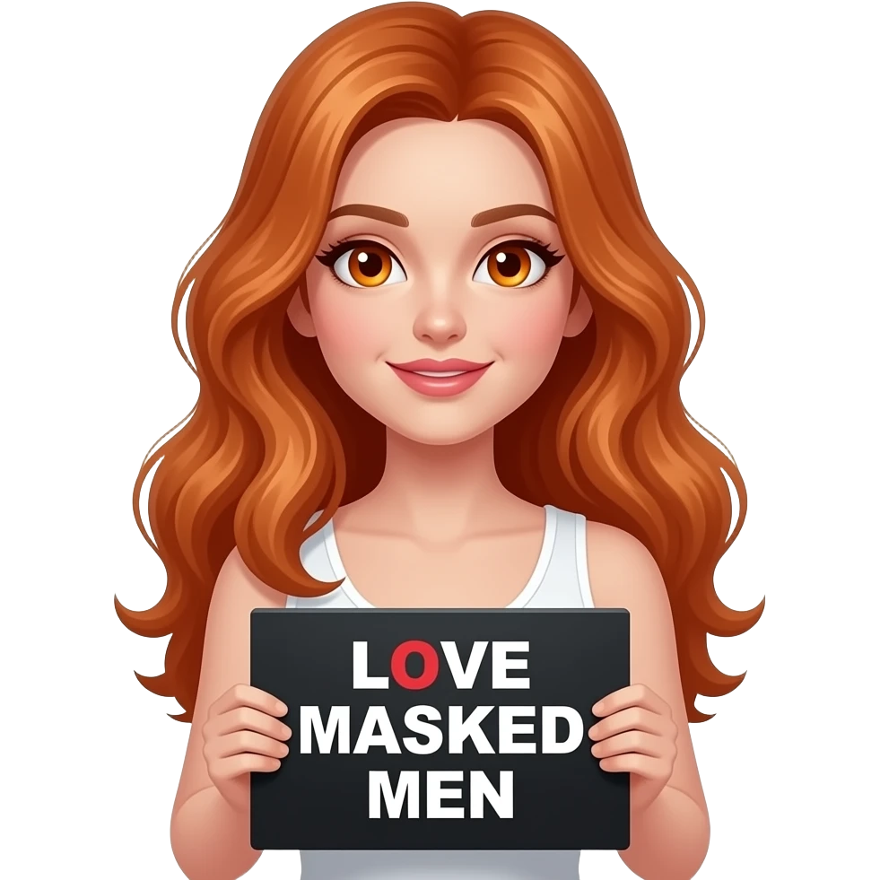 sexy girl with long wavy ginger hair and ginger eyes wearing a white tanktop is holding a black colored sign with LOVE MASKED MEN written on it emoji