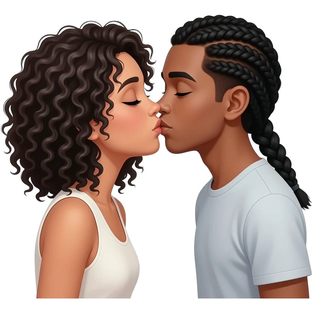 two  light skins both the same skin tone kissing girl has curly black hair and boy has black braided emoji