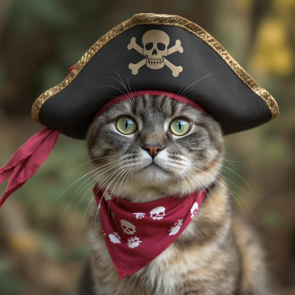 realistic cat wearing a pirate hat, detailed textures, subtle humor, lifelike and slightly humorous expression emoji