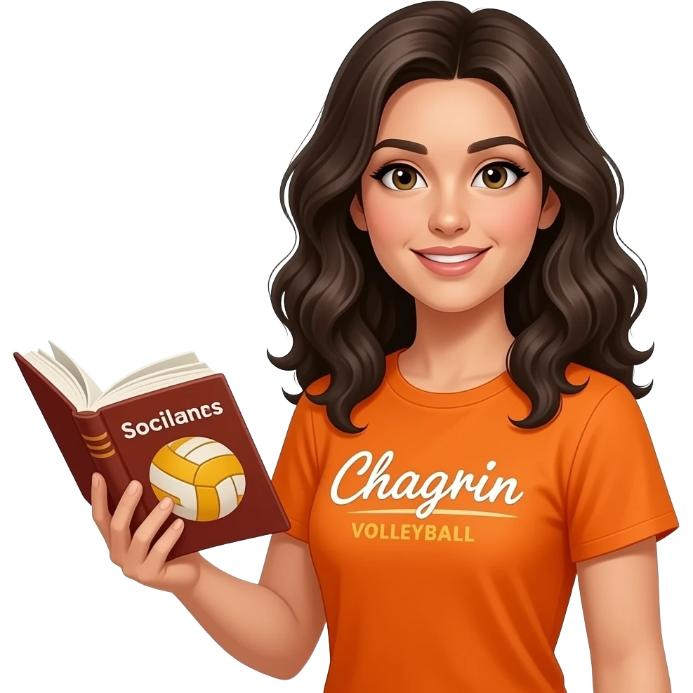 italian women with curly/wavy hair. Tall and she has a social studies book in her hand. She is wearing a orange shirt that says chagrin volleyball on it. emoji