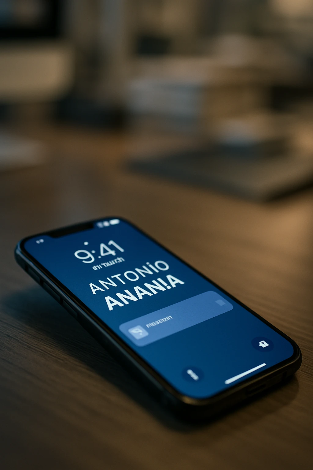 A photo of an iPhone with the message "Antonio Anania" on its screen, The phone sits atop a desk with a blurred background that suggests work environment. A faint glow from above casts gentle shadows across the surface of each object, creating depth and highlighting their textures. emoji
