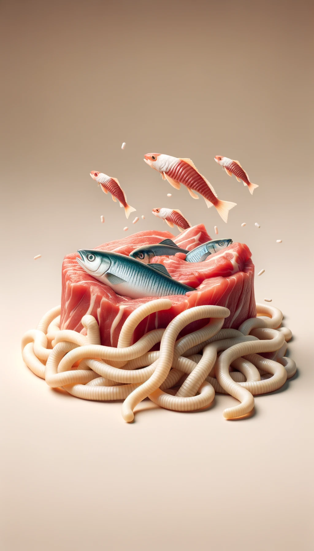 carne cruda fluttua insieme a pesce crudo (tipo sushi), intorno a loro fluttuano vermi lunghi e beige chiaro, sfondo neutro chiaro, iperrealistico 4k emoji