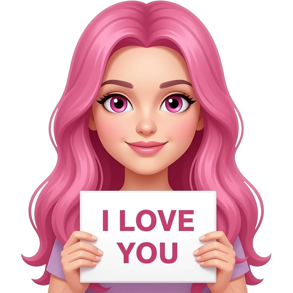 sexy girl with long pink hair and pink eyes holding I LOVE YOU sign emoji